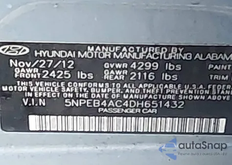 2013 Hyundai Sonata Gls из США, поврежденный, VIN 5NPEB4AC4DH651432